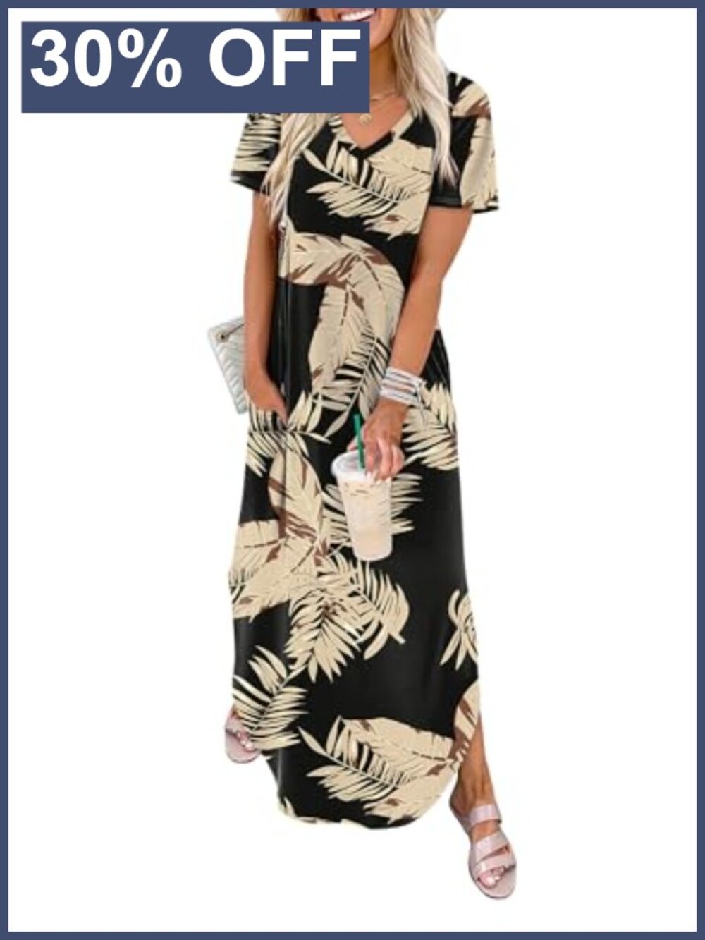 Women's Maxi Dress V-Neck Short Sleeve Casual Summer Sundress with Pockets